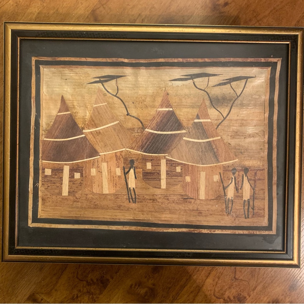 African Marquetry Rare Inlaid Wood Picture of Workers’ Hut w/Trees and Mountains - Picture 2 of 11